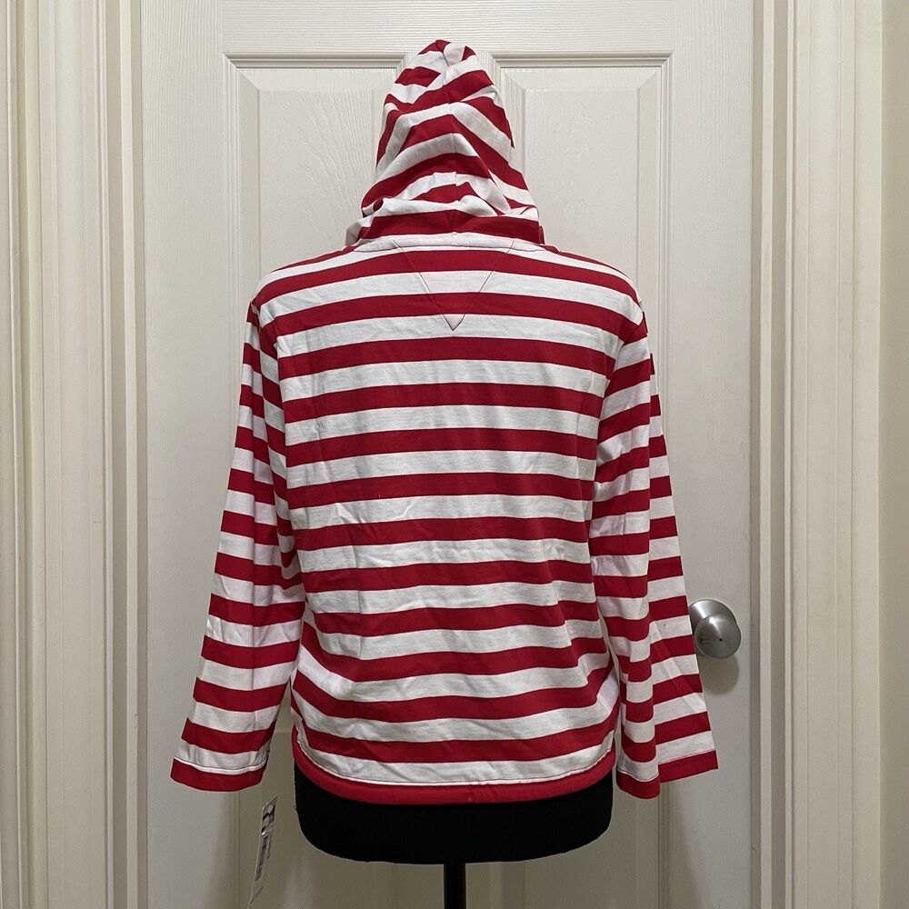 Tommy Hilfiger Red & White Striped V-Neck Hoodie Top - Picture 6 of 13